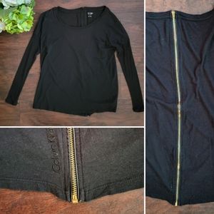 Calvin Klein long sleeve top, full-length gold back zipper, Black, size S